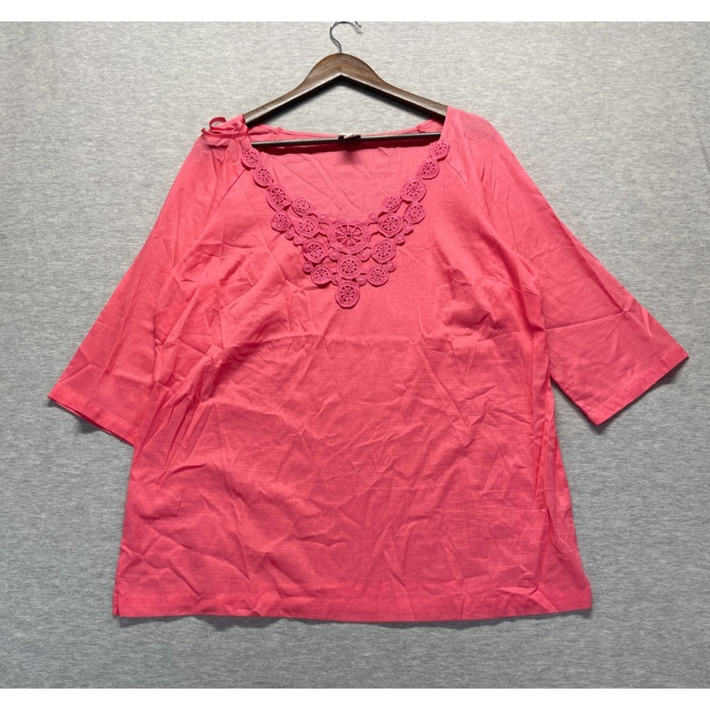 Merona Tunic Blouse Top Women XL Salmon Pink Floral Crochet Lace Trim 3/4 Sleeve